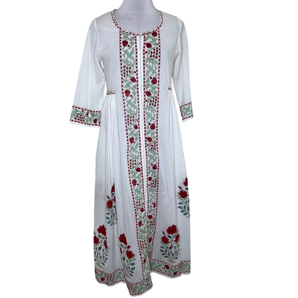 Turquoise Handcrafted Midi Dress Small Floral Block Print Keyhole A-Line Cotton
